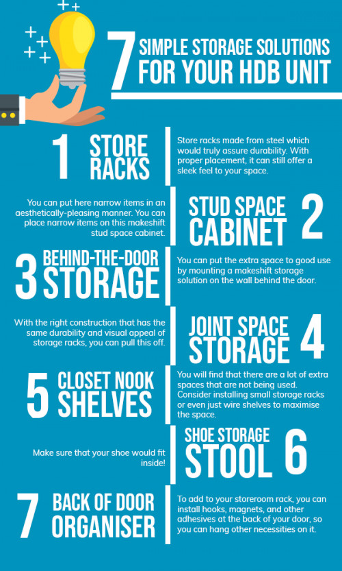 Storage solutions are very much welcomed here in Singapore as many people live in HDB units. Here are some storeroom hacks that you can employ in your home, aside from having reliable storage racks.

#HdbStoreroomRack

http://www.solidrackz.com.sg/