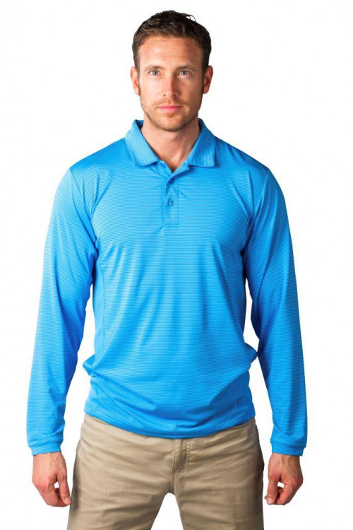 900824S SolCool Men's Button Stripe Polo Light Blue-Cobalt SanSoleil