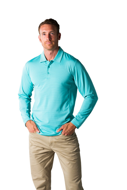 900824S SolCool Men's Mist-Lagoon Stripe Button Polo