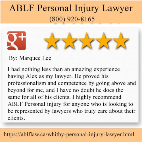 ABLF Personal Injury Lawyer
1621 McEwen Dr Unit 103 
Whitby, ON L1N 9A5
(800) 920-8165

https://ablflaw.ca/whitby-personal-injury-lawyer.html