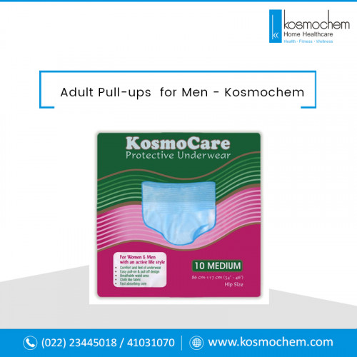 Buy adult pull ups for men & disposable protective underwear for men and women online at lowest price in India at Kosmochem. It is ideally designed for adults with active lifestyle. Its soft stretchable, which provides cool, secure & comfortable fit. For more details visit: https://www.kosmochem.com/ProductSearch.aspx?CID=202