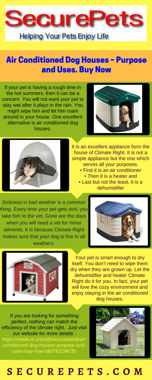 When monsoons are near, you will not want your pet to stay wet after it plays in the rain. One excellent alternative is air conditioned dog houses! Read more.

Just visit our website : https://medium.com/@securepets8/air-conditioned-dog-houses-purpose-and-uses-buy-now-b8d7622987fb

Or call us at : 888-538-7521.