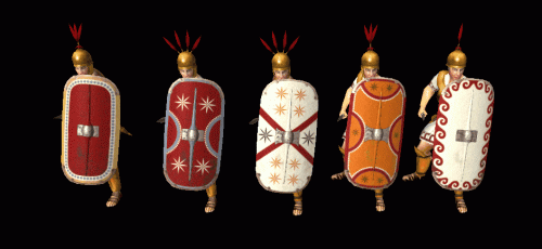 Roman Extraordinarii with idle animations, shields and helmets by Alexandermb and unit textures by wackyserious. 0AD