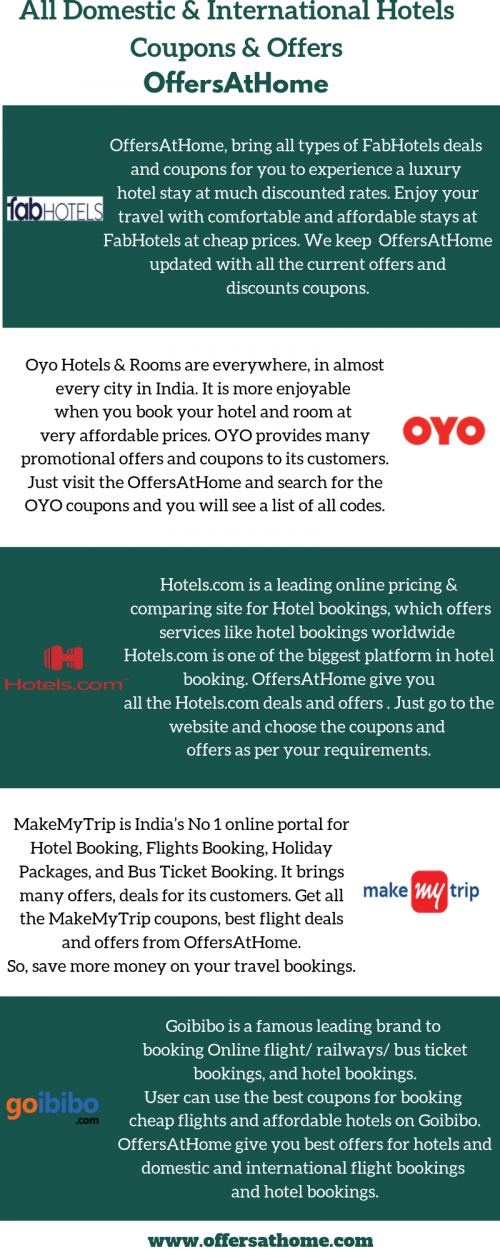 Traveling to a new place, or need a hotel on your vacation, or during a road trip, whenever you need to book a hotel room at affordable prices. Book your room from OYO, FabHotels, Goibibo and more. And, if you want a discount on your hotel bookings then just visit the OffersAtHome website. This website provides all the latest coupons and offers for hotel bookings, travel, online shopping and more.

For more info: https://www.offersathome.com