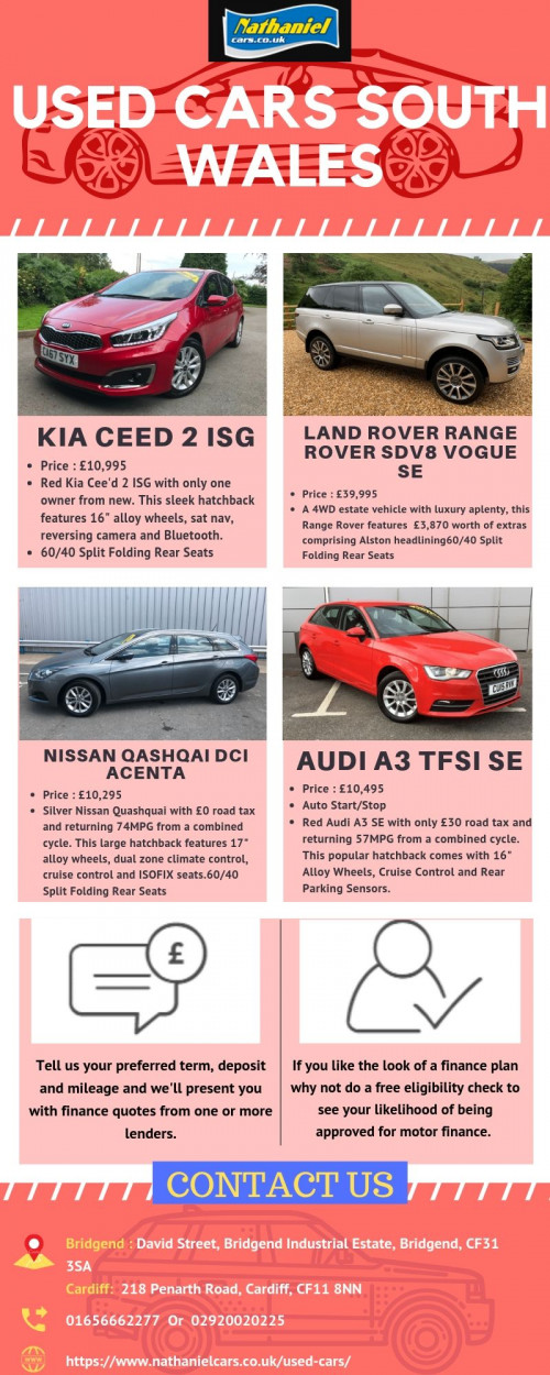 Get used cars South Wales in a very simple way with Nathaniel Cars. The used cars are currently available from our dealerships in south Wales, Cardiff, Bridgend. Get cars like Audi, BMW, Citroen, Ford, Honda, Kia, Mercedes, Nissan, MG, FIAT, Mistubishi, Volkswagen and much more. Have a look :https://www.nathanielcars.co.uk/used-cars/