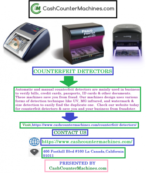 Automatic and manual counterfeit detectors are mainly used in business to verify bills, credit cards, passports, ID cards & other documents. These machines save you from fraud. Our machines design uses various forms of detection technique like UV, MG infrared, and watermark & size detection to easily find the duplicate one.  Check our website today for counterfeit detectors & save you and your business from fraudster. Visit,https://bit.ly/2mkyZw7