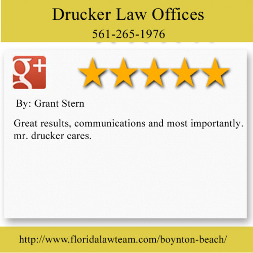 Drucker Law Offices
1325 S Congress Ave # 200
Boynton Beach, Florida 33425
(561) 265-1976

http://www.floridalawteam.com/boynton-beach/injury-attorney/