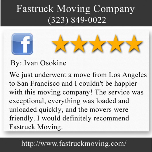 Fastruck Moving Company
11818 Riverside Dr Ste 118
Valley Village, CA 91607
(323) 849-0022

http://www.fastruckmoving.com/irvine-movers/