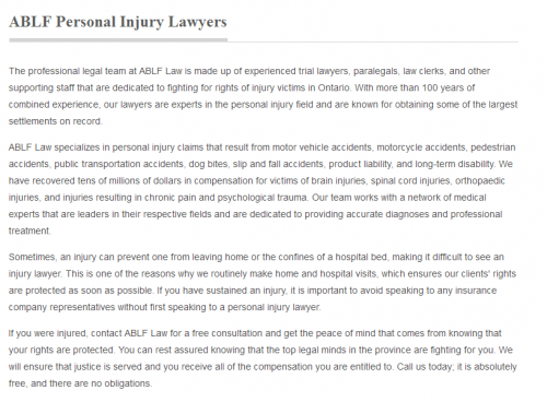 ABLF Personal Injury Lawyer
1621 McEwen Dr Unit 103 
Whitby, ON L1N 9A5
(800) 920-8165

https://ablflaw.ca/whitby-personal-injury-lawyer.html