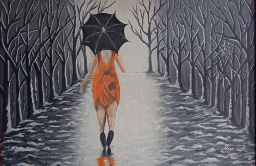 Painting of snow fall and a lady in red dress with black umbrella.This painting by 18 years old girl.