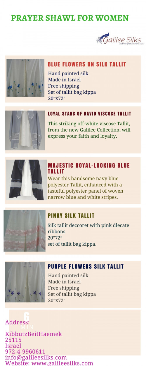 People prefer visiting galileesilks.com when they are searching prayer shawls for women. Our products are hand-made and come in different styles. For more information, visit: http://www.galileesilks.com/category/catalog/tallit/prayer-shawl-tallit/