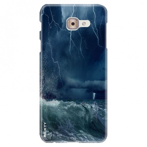 Nature force background - stormy sea, dark clouds with bright lightnings