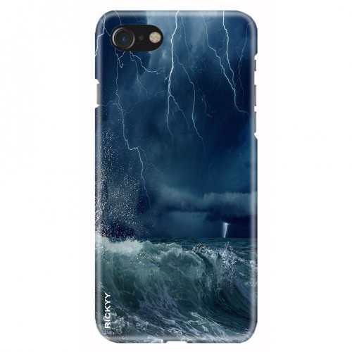 Nature force background - stormy sea, dark clouds with bright lightnings