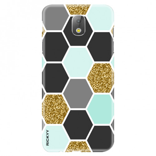 Geometric seamless repeating pattern with hexagon shapes in black, gold, gray and pastel blue.