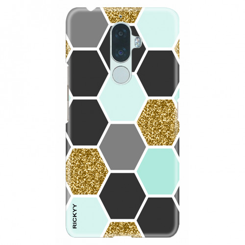 Geometric seamless repeating pattern with hexagon shapes in black, gold, gray and pastel blue.
