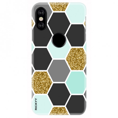 Geometric seamless repeating pattern with hexagon shapes in black, gold, gray and pastel blue.