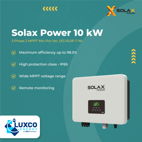 Solax Power 10kW 3 Phase 2 MPPT Mic Pro Ver.(X3-10.0P-T-N)

1. Maximum efficiency up to 98.5%
2. High protection class - IP65
3. Wide MPPT voltage range
4. Remote monitoring

Visit our site:https://www.luxcoenergy.com.au/wholesale-solar-inverters/solax/