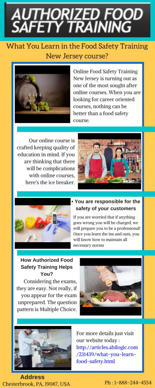 Why Food Safety Training New Jersey certification course is trending? What are the responsibilities of a food safety manager? How Authorized Food Safety Training helps?

Just visit our website today : http://articles.abilogic.com/231439/what-you-learn-food-safety.html

Or call us at : 1-888-244-4554.