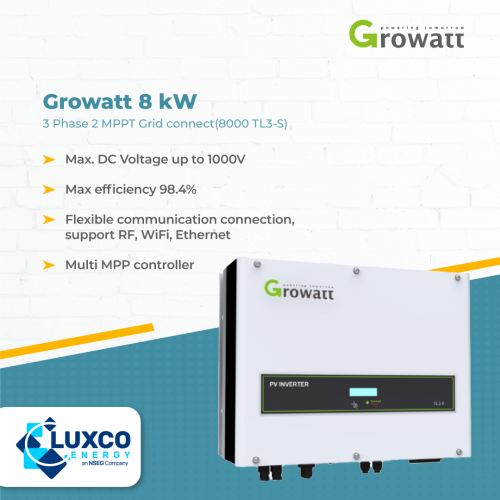 Growatt 8kW 3 Phase 2 MPPT Grid connect

1. Max.DC Voltage up to 1000V
2. Max efficiency 98.4%
3. Flexible communication connection, support RF, WiFi, Ethernet
4. Multi MPP controller

Visit our site:https://www.luxcoenergy.com.au/wholesale-solar-inverters/growatt/